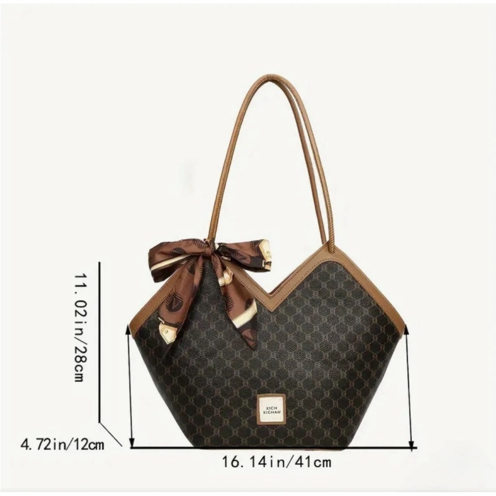 Classic Geometric Pattern Tote Purse Bag Trendy Shoulder Bag Brown Scarf Decor - Picture 3 of 9